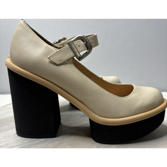 FREE PEOPLE 6.5 MAGGIE MJ PLATFORM IVORY LEATHER HEELS STRAP BUCKLE - Picture 4 of 11